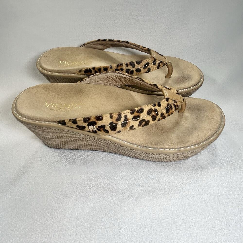 Vionic Grenada Leopard Print Thong Wedge Sandals Straw Weave Size 9 EUC